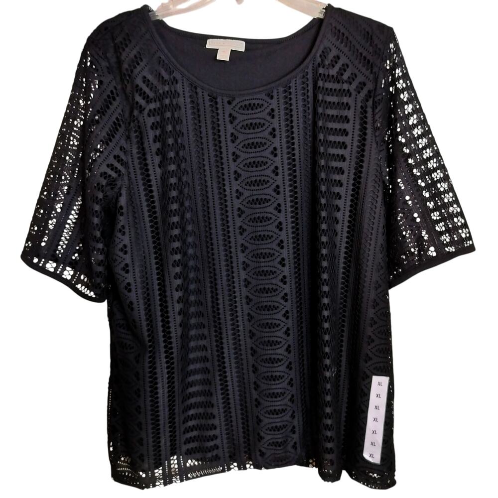 4373) Dana Buckman Black Eyelet Short Sleeve Overlay Blouse XL